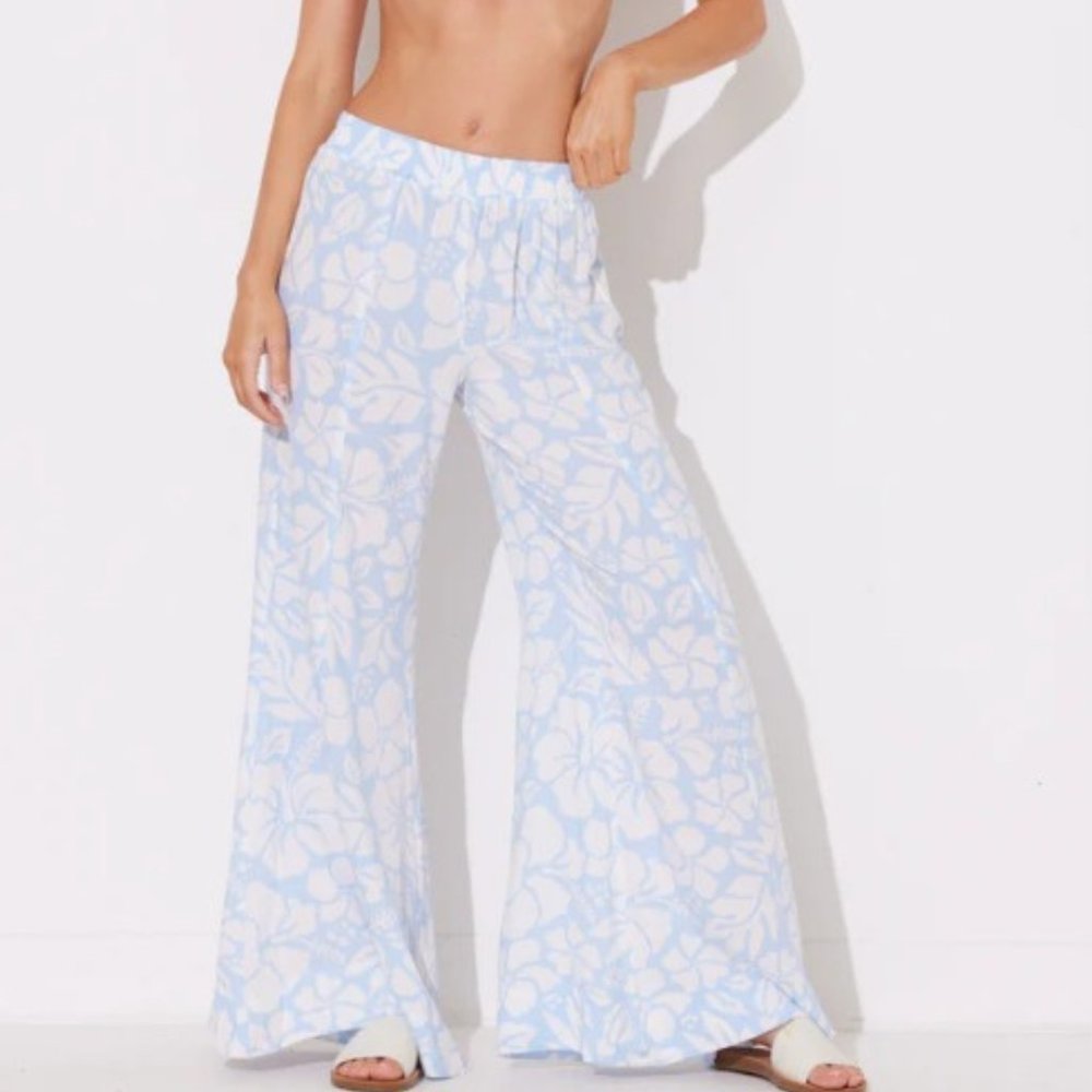 Ocean Drive Women's Summer Blue Retro Hawaiian Print Smocked Waist Pants NWT